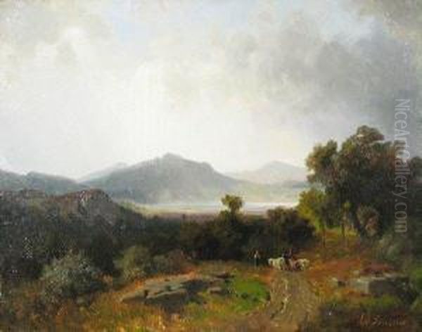 Abendliche Berglandschaft Mit Viehtrieb Zum See Oil Painting by Schleich Eduard I & Bach Alois