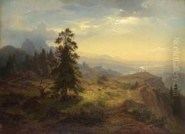 Blick Von Einer Alm Im Gebirge Auf Einen Flusslauf Oil Painting by Schleich Eduard I & Bach Alois