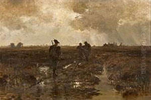 Drei Jager Auf Einer Sumpfigen Wiese Bei Regen Oil Painting by Eduard Ii Schleich