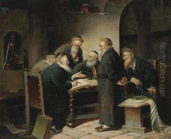 A Discussion Of The Talmud Oil Painting by Carl Schleicher