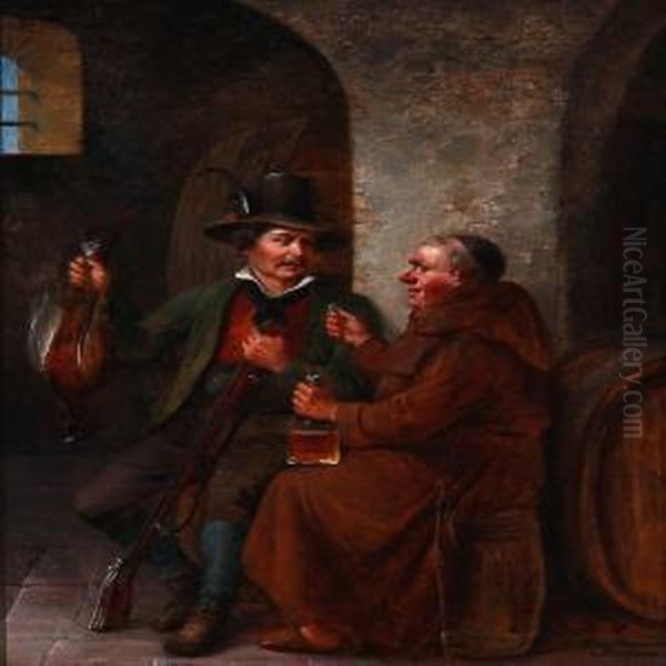 A Hunter And A Monk Makes A Deal Oil Painting by Christian Andreas Schleisner