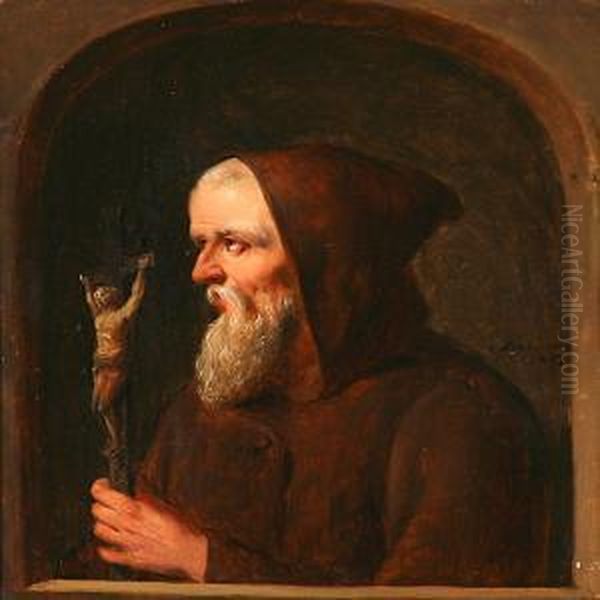 A Monk With A Cross Oil Painting by Christian Andreas Schleisner