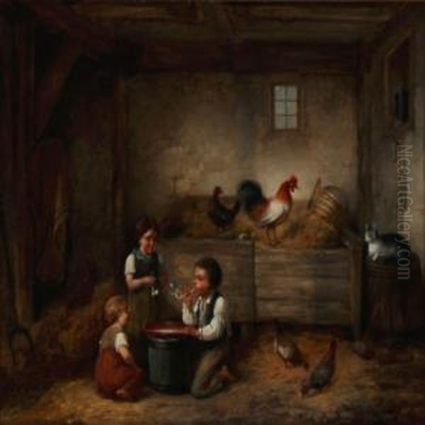 Three Children Blowing Soap Bubbles In A Barn With Chickens Oil Painting by Christian Andreas Schleisner