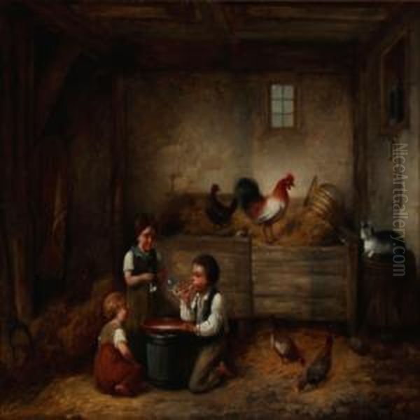 Three Children Blowing Soap Bubbles In A Barn Withchickens Oil Painting by Christian Andreas Schleisner