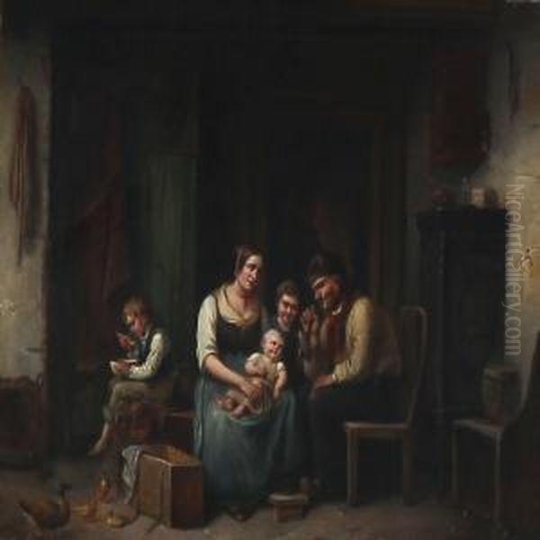 Interior With A Family Oil Painting by Christian Andreas Schleisner