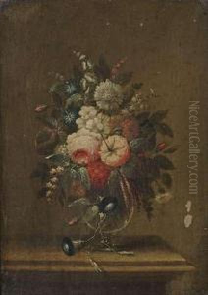 Stilllifes With Flowers In A Glass Vase On A Table. Oil Painting by Adam Johann Schlesinger