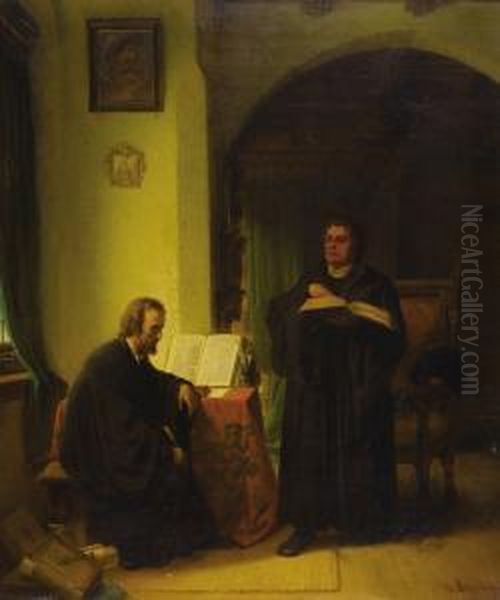 Two Men Studying Oil Painting by Karl Schlesinger