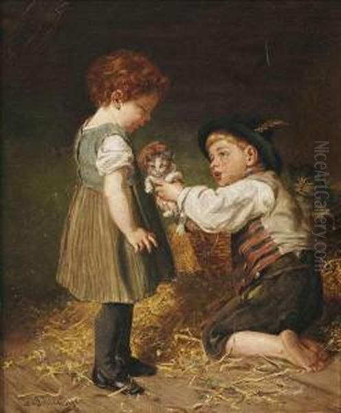 Two Children With Kittens In A Stable Oil Painting by Felix Schlesinger