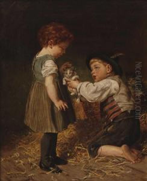 Kinder Mit Katzchen Oil Painting by Felix Schlesinger