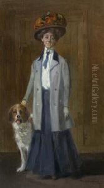 Jugendstil-standbild-dame Mit Hund Oil Painting by Max Schlichting