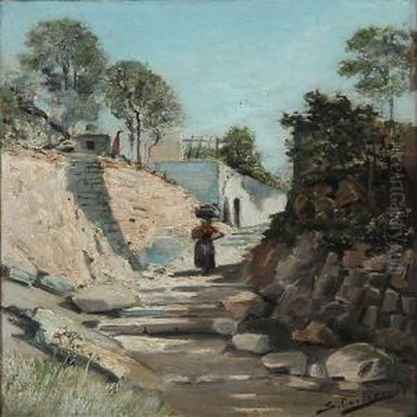 Summer Day In Italy With A Woman On A Road Oil Painting by Carl Schlichting-Carlsen