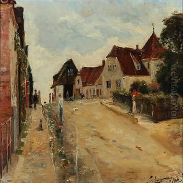 Streetlife In Hellebaek, Denmark Oil Painting by Carl Schlichting-Carlsen