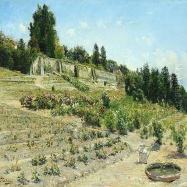 View From Switzerland With Gardeners In Slope Oil Painting by Carl Schlichting-Carlsen