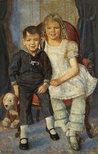 Portrait Of A Girl And Her Younger Brother Oil Painting by Johan Schlichtkrull