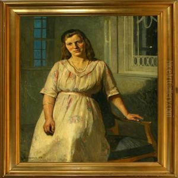 A Young Woman Portraied By An Armchair Oil Painting by Johan Schlichtkrull