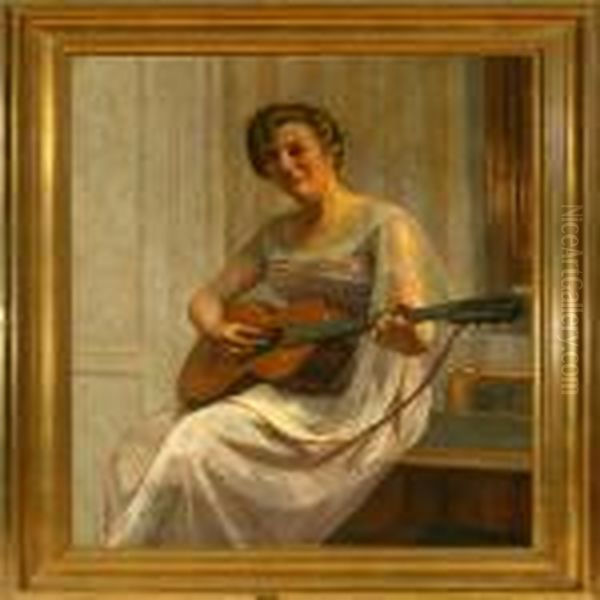 A Woman Is Palying The Guitar Oil Painting by Johan Schlichtkrull