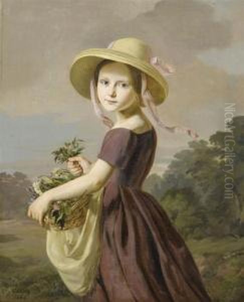 Girl With A Basket Of Flowers Oil Painting by Friedrich Gustav Schlick