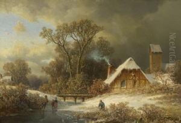 Eisvergnugen Vor Dem
 Dorf. Oil Painting by August Schliecker