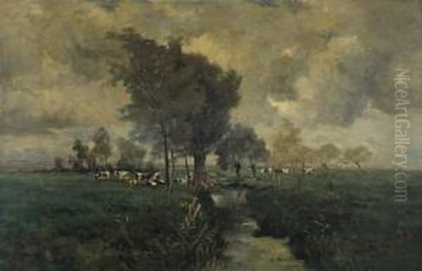 Cattle By The River Oil Painting by Willy Schlobach