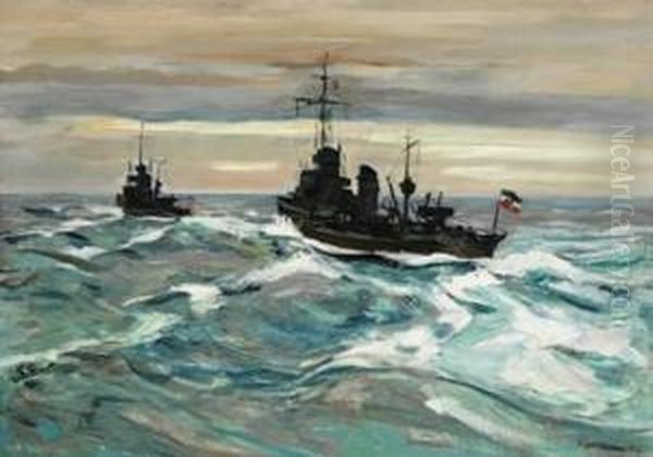 Kriegsschiffe Auf Hoher See Oil Painting by Eduard Schloemann