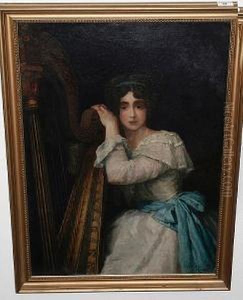 Portrait Of A Young Lady At A Harp Oil Painting by Carl Schlosser