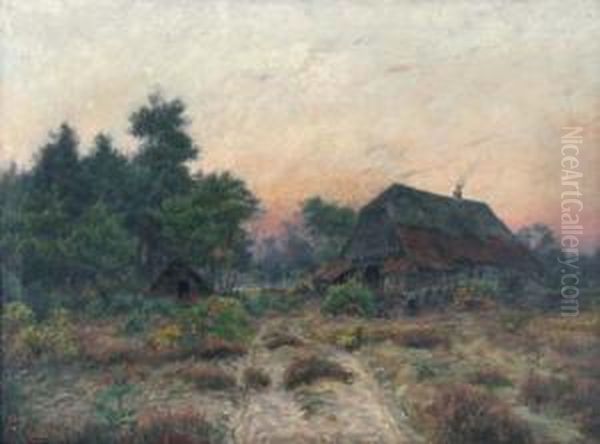 Heidelandschaft Mit Bauernhaus Und Personenstaffage In Der Dammerung Oil Painting by C. Schluter