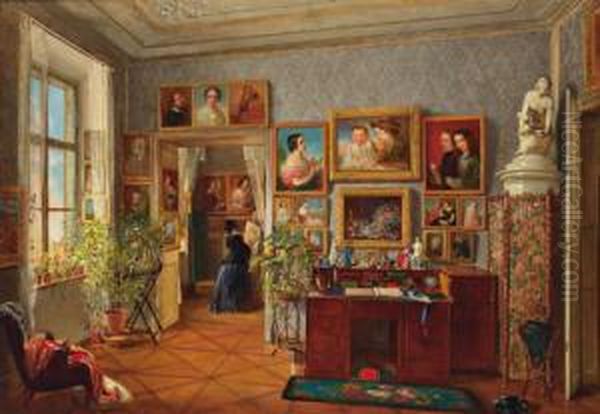 Interieur Mit Malerin An Der Staffelei Oil Painting by Emilie Schmack