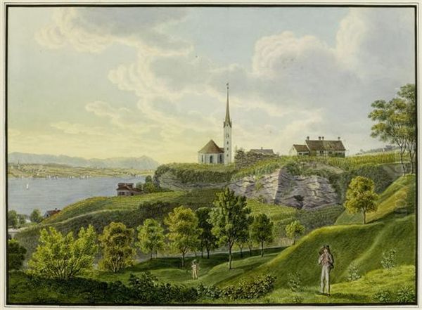 Uetikon Am Zurichsee Mit Kirche Und Weinbergen Gegen Zurich Gesehen Oil Painting by David Alois Schmid