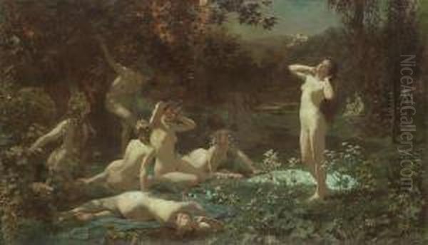 Wood Nymphs In The Moonlight Oil Painting by Julius Schmid