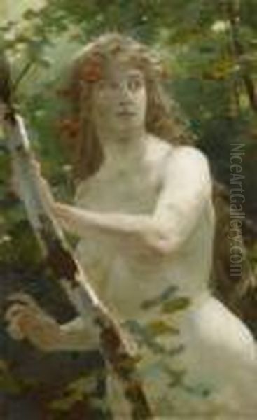 A Nymph In A Forest Oil Painting by Julius Schmid