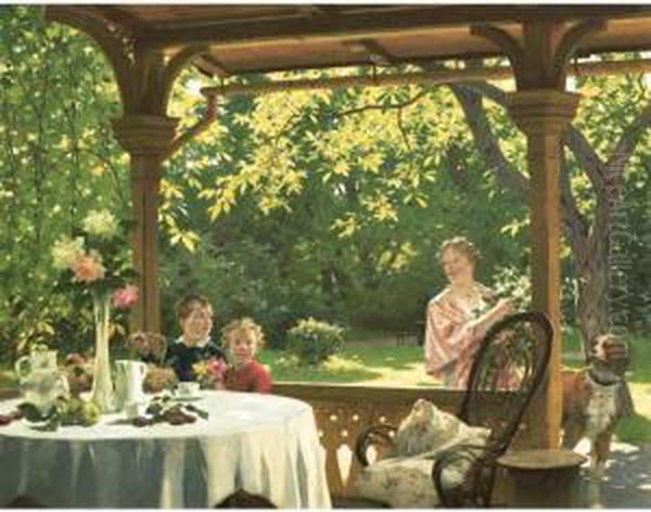 Lunch On The Terrace Oil Painting by Julius Schmid