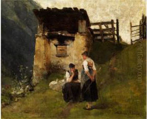 Bauernmadchen In Den Alpen An Einemkohlerofen Oil Painting by Mathias Schmid