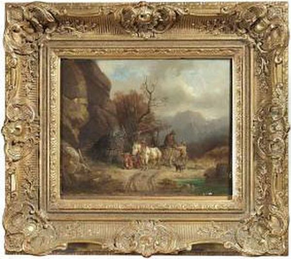 Two Peasants Loading A Horse-drawn Vehicle In A Mountainous Landscape. Oil/panel, Signed Oil Painting by Adolf Schmidt