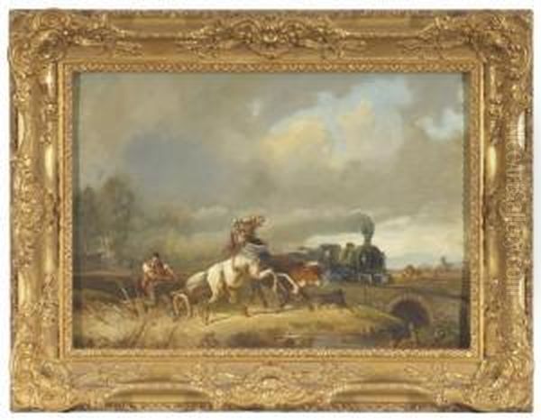 Die Bahn Kommt Oil Painting by Adolf Schmidt