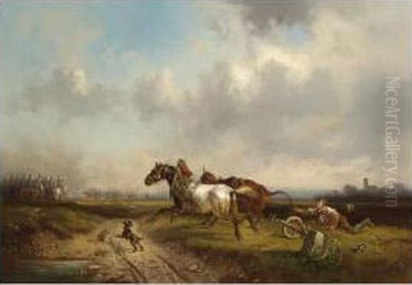 A Ploughing Farmer Disturbed By Approaching Soldiers Oil Painting by Adolf Schmidt