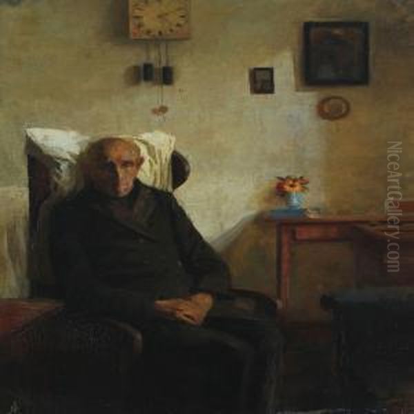 Interior With Elderly Man Resting Oil Painting by Albrecht Elvinus Schmidt