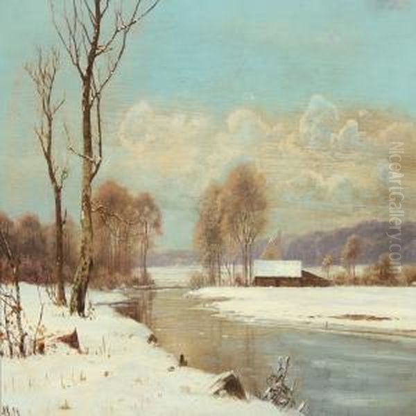 Wintry Landscape With A Stream Oil Painting by Alexander Schmidt