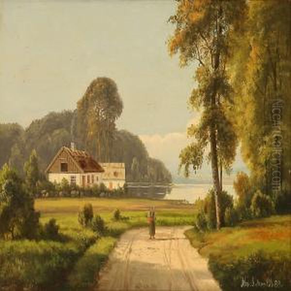 Summer Landscape With A Woman Walking On A Road Oil Painting by Alexander Schmidt