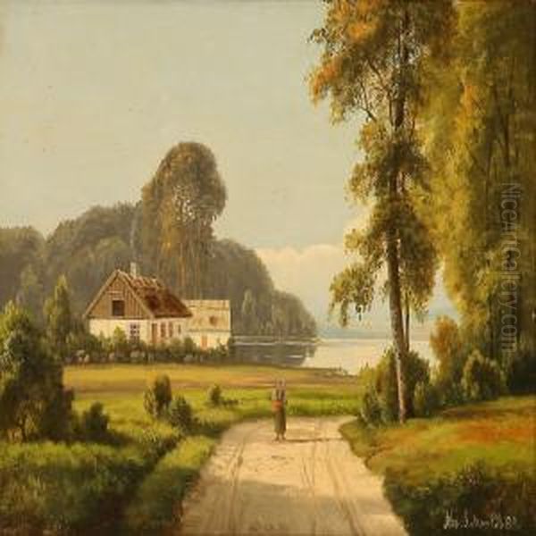 Summer Landscape With A Woman Walking On A Road Oil Painting by Alexander Schmidt