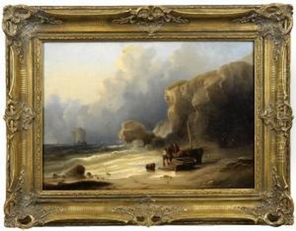 Felsige Kustenlandschaft Mit Fischern Am Strand Oil Painting by Eduard Schmidt