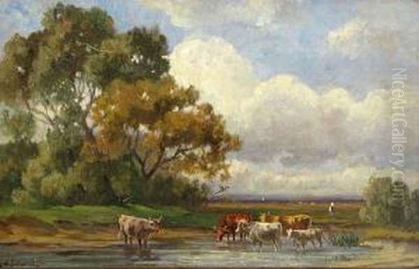 Landscape With Cows At A Watering Hole Oil Painting by Friedrich Albert Schmidt