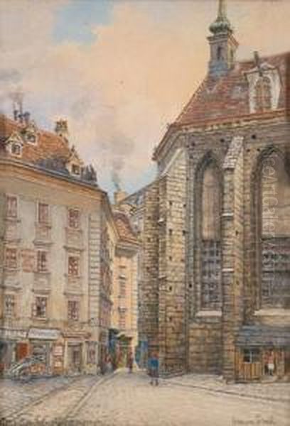 Blick Auf Den Schulhof In Wien I. Mit Dem Uhrenmuseum Der Stadt Wien Oil Painting by Hermann Schmidt