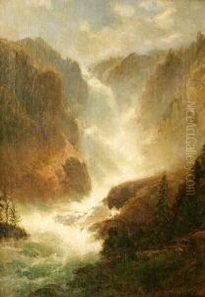 Tosender Wasserfall Im Gebirge Mit Baumstaffage Oil Painting by Hermann Schmidt