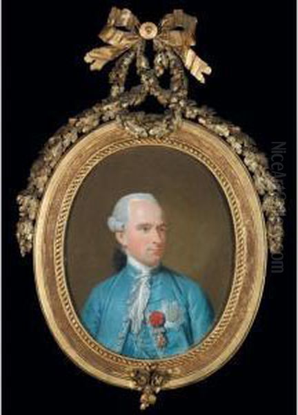 Portrait Of A Nobleman, Half Length, Wearing A Blue Coat And Waistcoat, And Wearing Various Chivalric Orders, Said To Be Count Maredleme Oil Painting by Johann Heinrich Schmidt