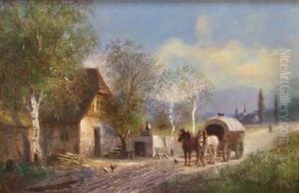 Wagon Outside Cottages Oil Painting by Matthias Schmidt