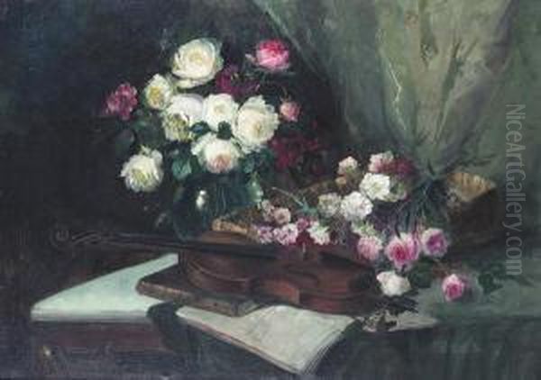 Still Life With Flowers And A Violin Oil Painting by Robert Schmidt