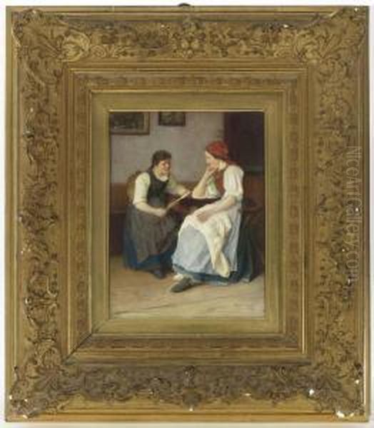 Zwei Frauen Beim Brieflesen Oil Painting by Theodor Gustav Ernst Schmidt