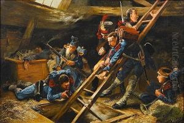 Napoleonic Troops In Hiding In A Barn Oil Painting by Willem H. Schmidt