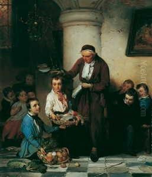 Erntedankfest. Feldfruchte Fur Den Dorfschullehrer. Signiert Oben Links: Wh Schmidt. Ol Auf Leinwand. H 56; B 48 Cm. Oil Painting by Willem H. Schmidt