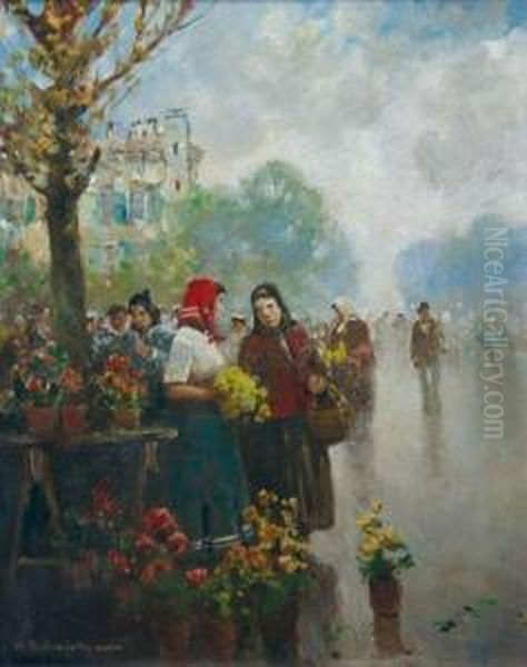 Blumenmarkt Oil Painting by Hermann Schmidtmann